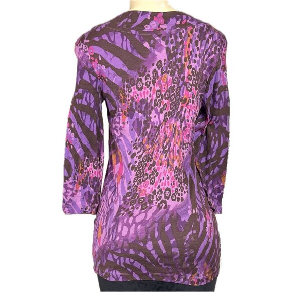 Daisy Fuentes L Purple Combo Animal Print V-Neckline Cotton 3/4 Sleeve T-Shirt - Picture 4 of 6